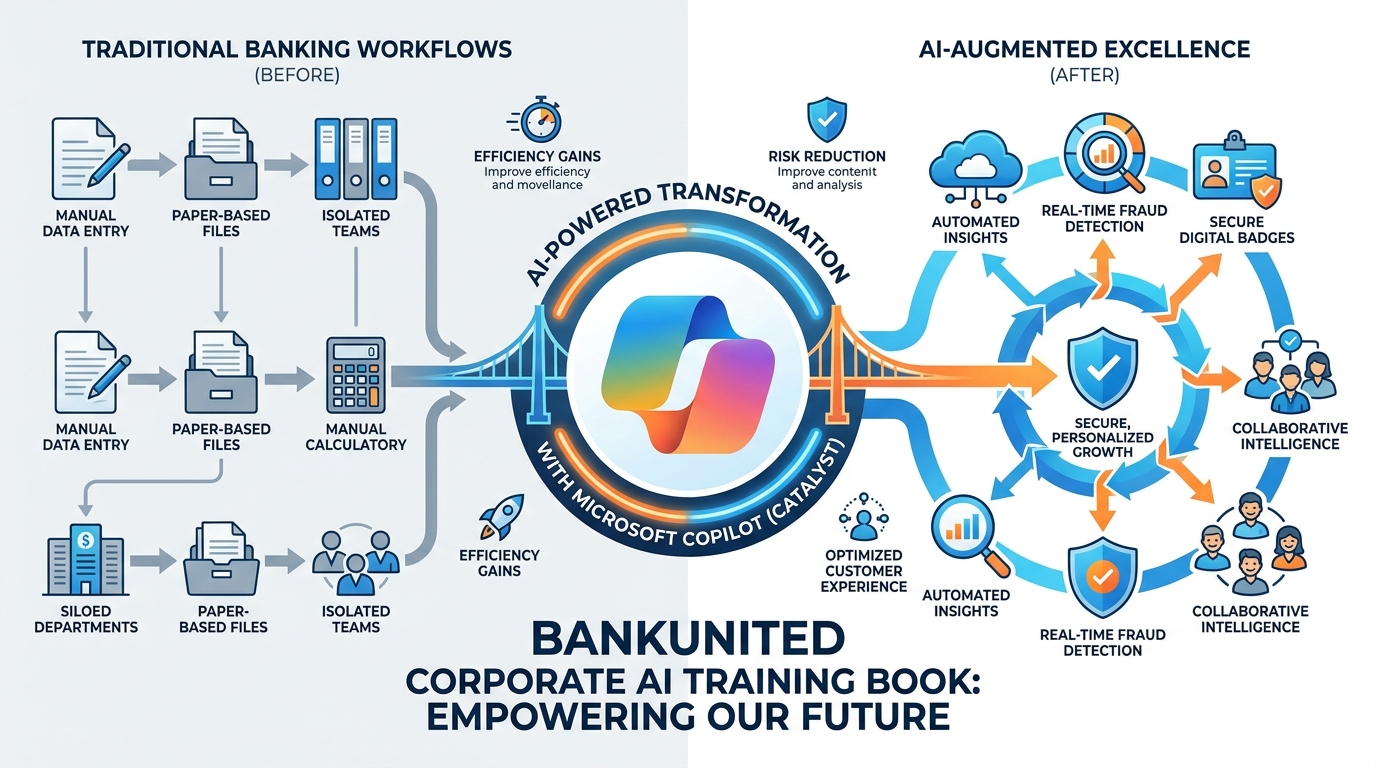 Illustrated overview of AI transformation in banking, showing a journey from traditional workflows to AI-augmented excellence