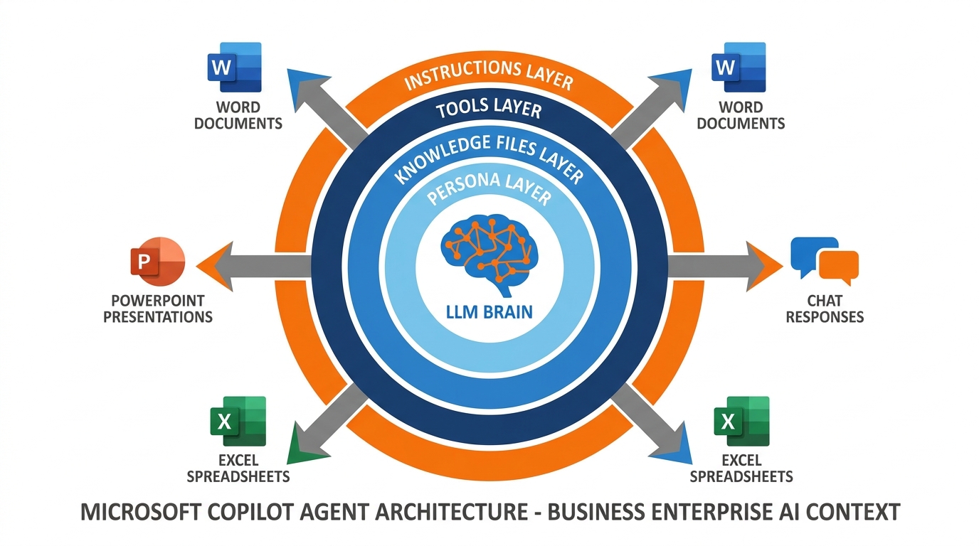 Diagram of a Microsoft Copilot agent architecture showing persona, knowledge files, tools, and instruction layers surrounding the LLM core, with outputs flowing to Word, Excel, and PowerPoint
