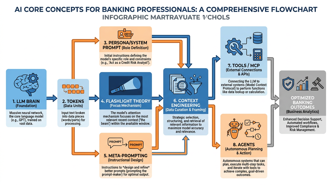 Illustrated explainer infographic showing the core AI concepts — LLM brain, tokens, context window, persona, meta-prompting, tools, and agents in a connected diagram