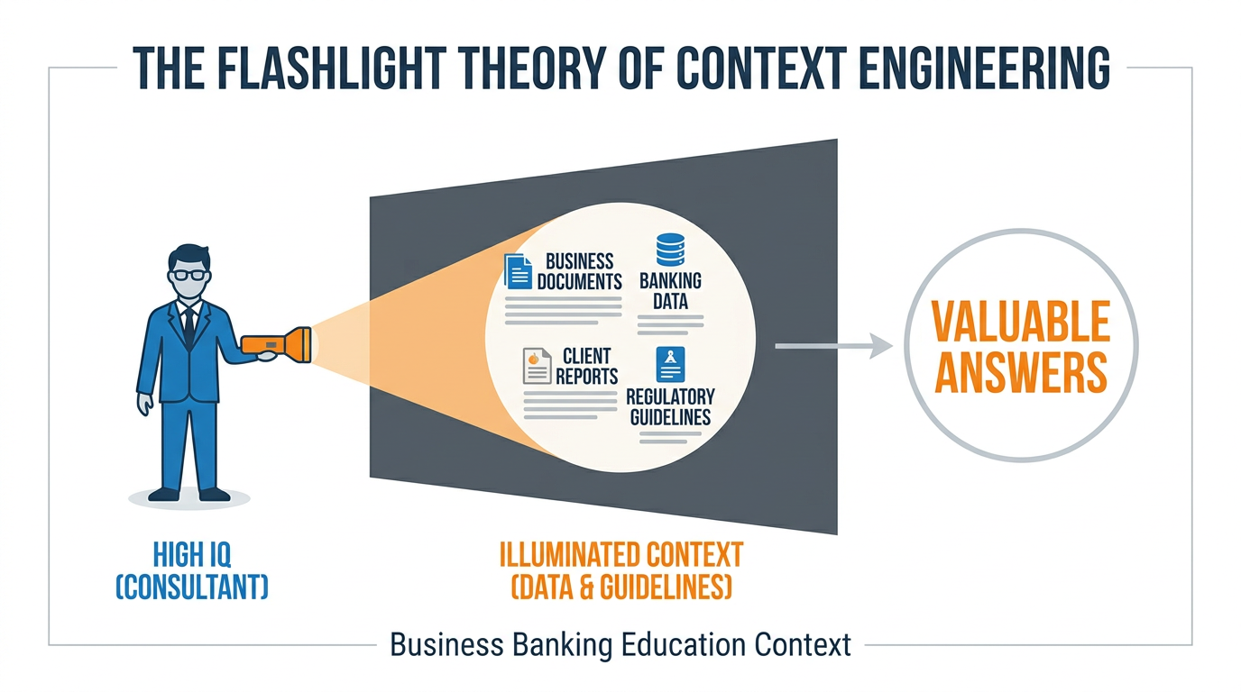 Visual of the Flashlight Theory — a genius consultant in a dark room illuminated by a flashlight beam containing data, documents, and business context, representing context engineering