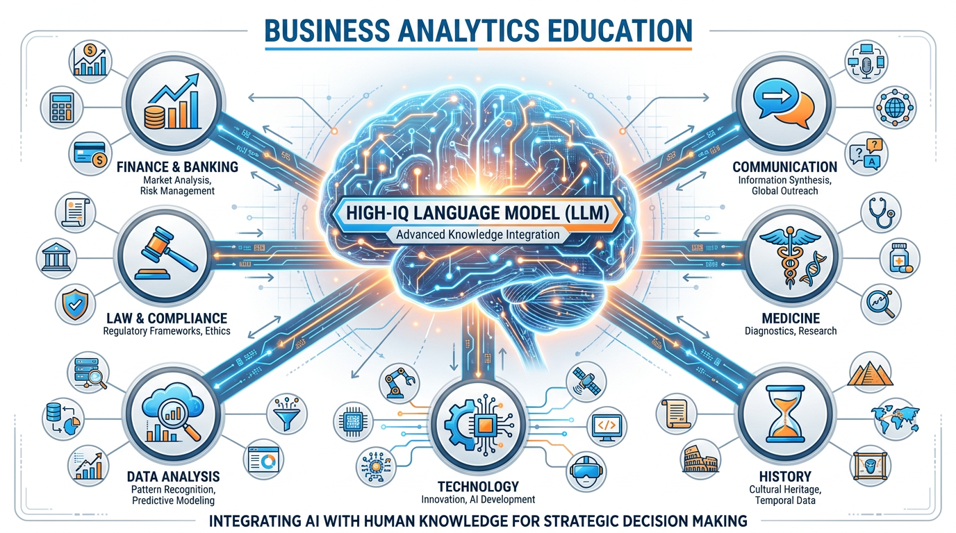 Visual comparison of an LLM as a glowing high-IQ brain, showing knowledge spanning finance, law, communication, data analysis, and medical fields