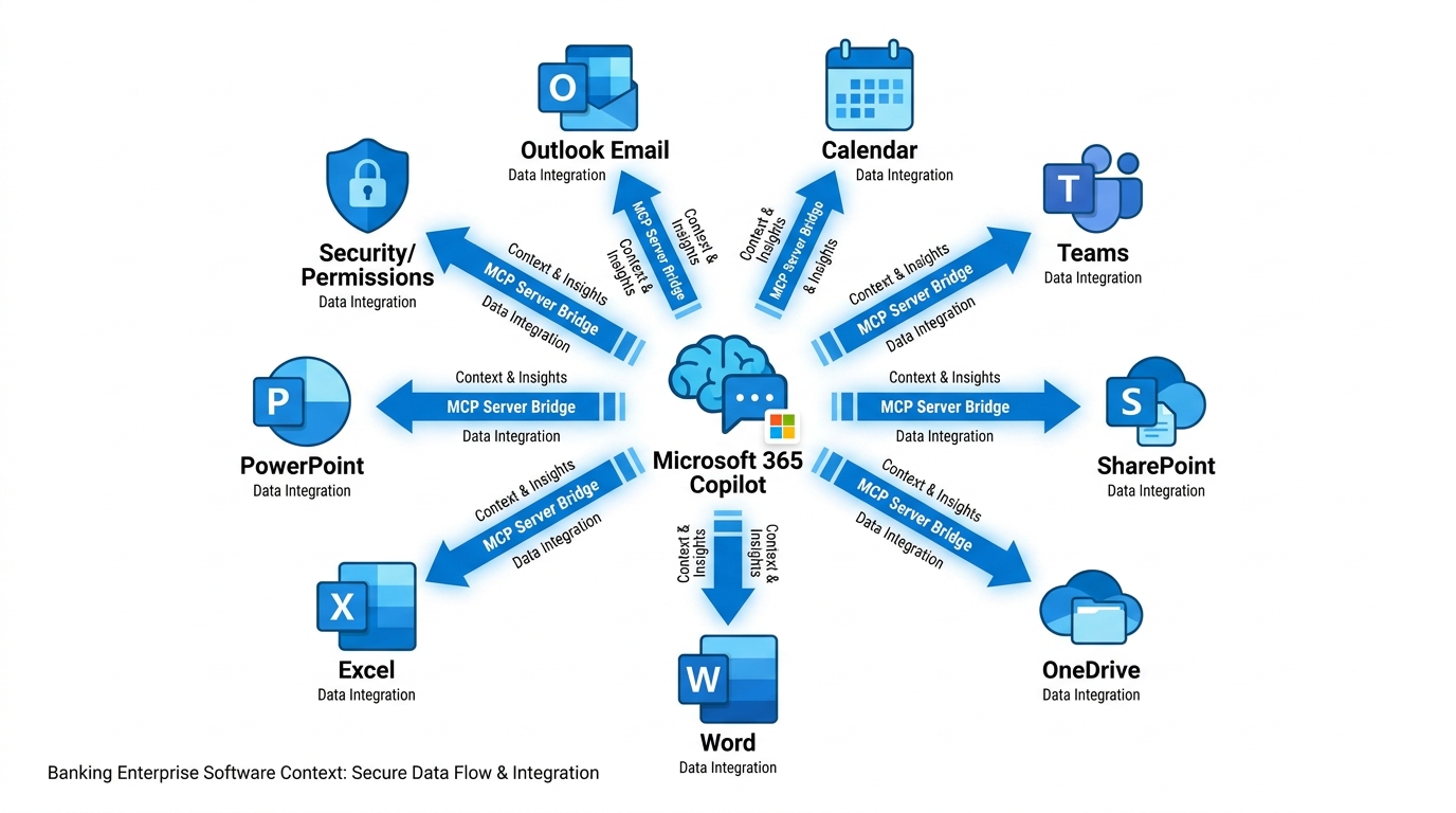 Diagram showing Microsoft 365 Copilot at the center connected to Outlook email, Calendar, Teams, SharePoint, OneDrive, Word, Excel, and PowerPoint via MCP server connections, all secured by BankUnited's existing permissions architecture