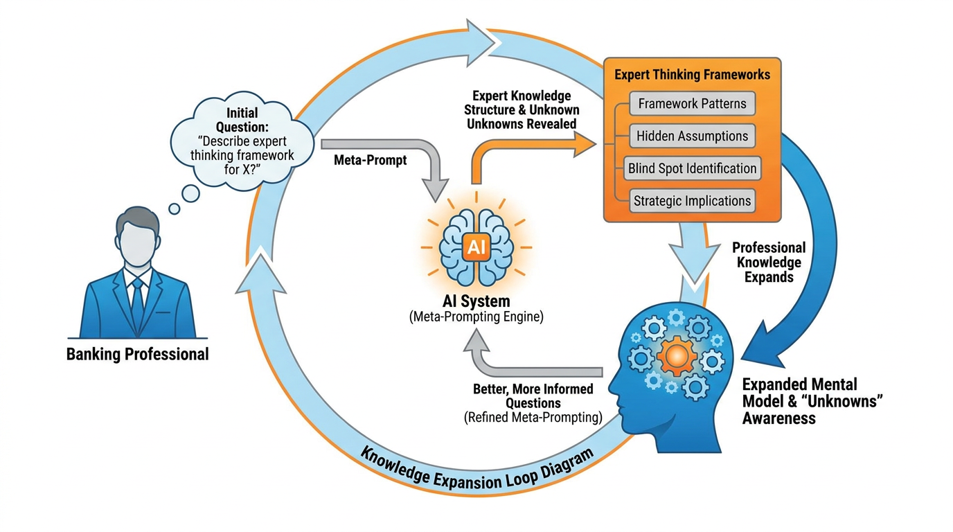 Diagram illustrating meta-prompting — a professional asking AI to reveal expert thinking frameworks, blind spots, and unknown unknowns, with arrows showing the knowledge expansion loop