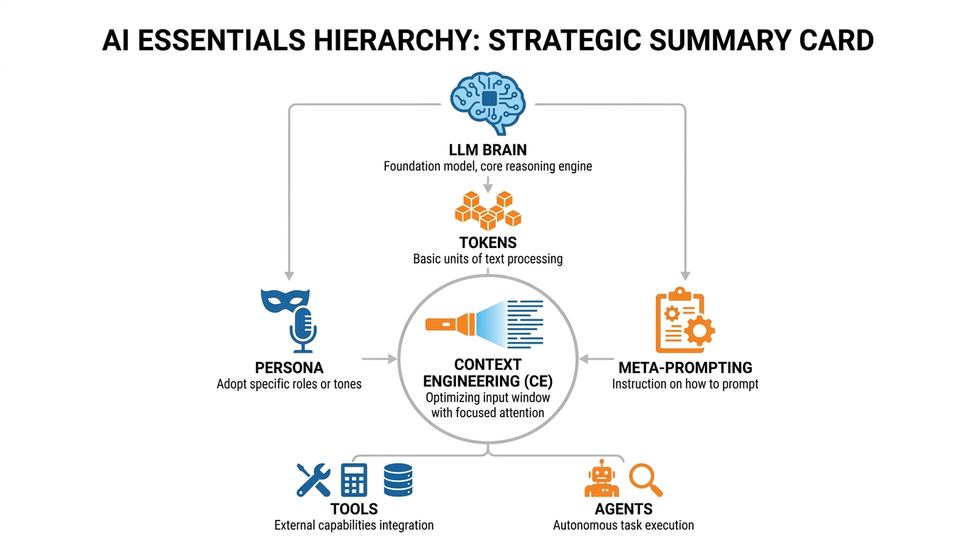 Visual summary card of the seven AI essentials — LLM brain, tokens, context engineering, flashlight theory, persona, meta-prompting, tools, and agents — arranged in a clean hierarchy diagram