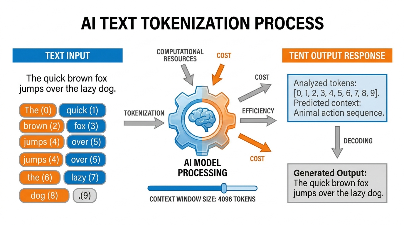 Diagram illustrating the concept of tokens as atomic units of AI processing, showing a prompt being converted to tokens and back to a response, with cost and context window implications