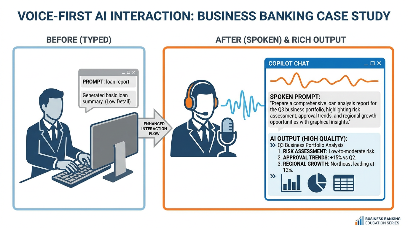Illustration of a banking professional speaking to their computer while Wispr Flow transcribes their words into a rich, detailed Copilot prompt, with the quality of the output visibly improving