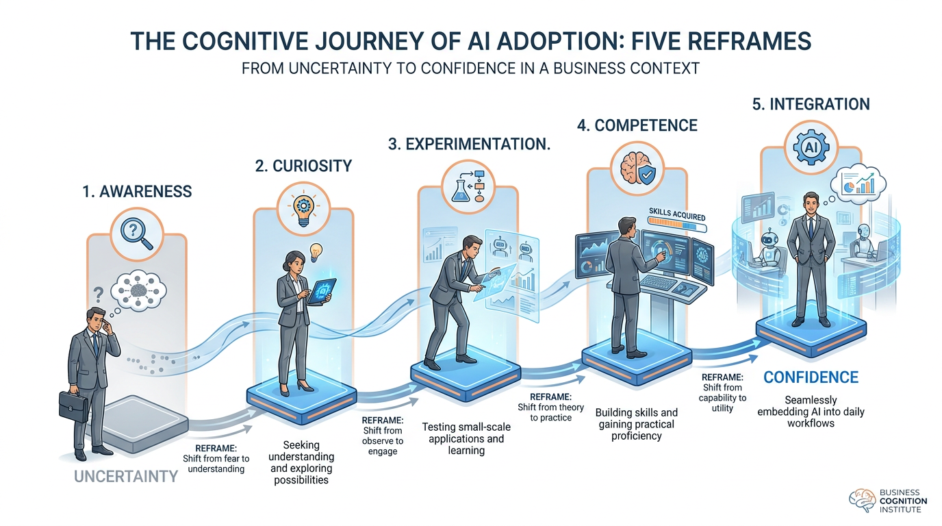 The five-stage cognitive journey from AI awareness to full integration