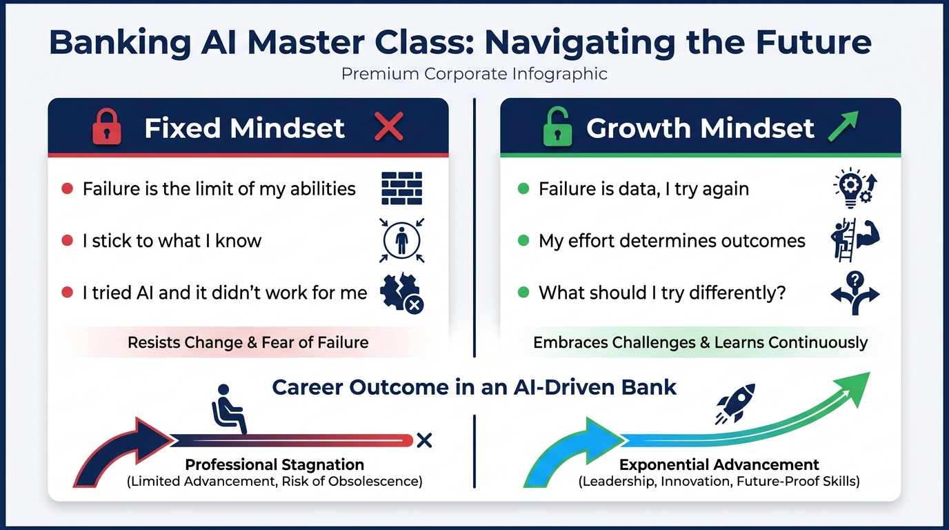 Side-by-side comparison diagram of fixed mindset vs. growth mindset responses to AI challenges — showing specific statements, behaviors, and career outcomes for each