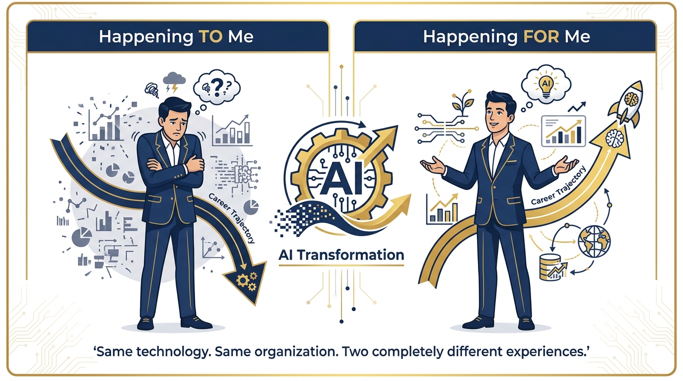 Split visual showing two professionals facing the same AI transformation — one with closed body language and fearful expression labeled "Happening TO me", and one with open, curious posture labeled "Happening FOR me" — with dramatically different career trajectory arrows