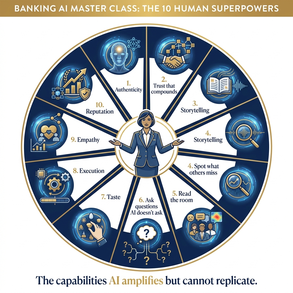 Illustrated wheel diagram of the 10 Human Superpowers — authenticity, trust, storytelling, insight, presence, inquiry, taste, execution, empathy, and reputation — arranged around a central human figure with AI in the background amplifying, not replacing, each capability