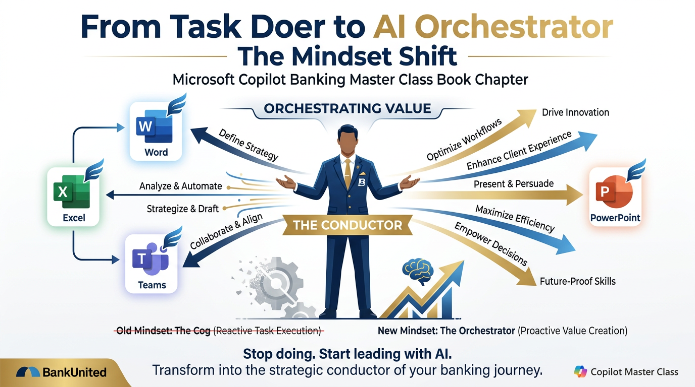 Illustrated infographic showing the transformation from task doer to AI orchestrator — a banking professional at the center of a constellation of AI tools, acting as conductor rather than executor