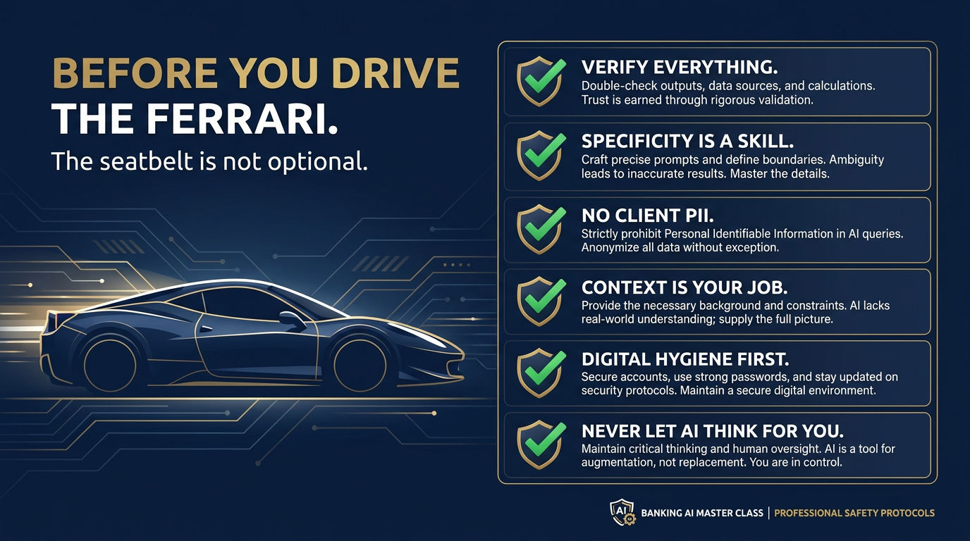 Illustrated safety briefing graphic for banking AI use — showing a professional reviewing the six non-negotiable rules before engaging Copilot, with a green checkmark for each principle
