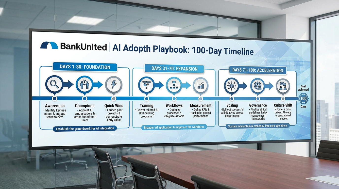 Clean timeline infographic showing the 100-day AI adoption playbook in three phases — Days 1-30 Awareness (ignite curiosity), Days 31-60 Pilots (prove value), Days 61-100 Scale (spread what works) — with specific milestones and activities listed for each phase