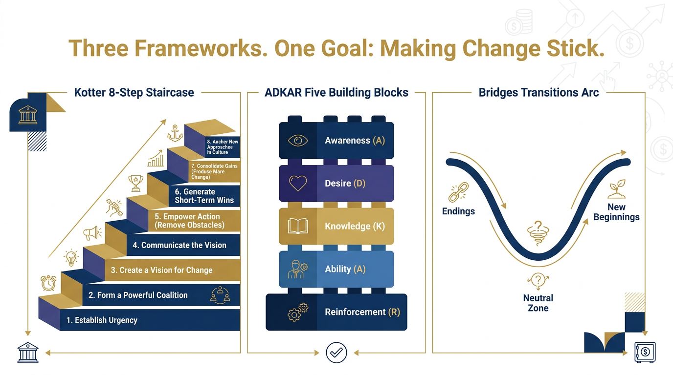 Three clean framework diagrams side by side — Kotter's 8-step staircase, ADKAR's five building blocks, and Bridges' Transitions Model showing the neutral zone — each with BankUnited AI adoption annotations