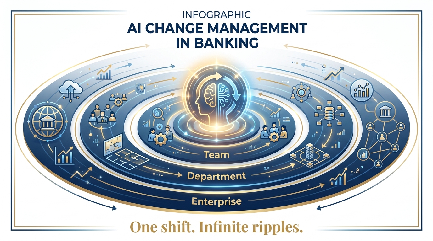 Illustrated infographic showing a single mindset shift at the center radiating outward through team, department, and enterprise levels — like ripples in water — representing AI transformation spreading organically through BankUnited