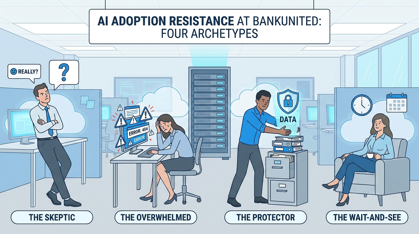 Four-quadrant visual showing the resistance archetypes — The Cynic, The Perfectionist, The Territorial Expert, and The Overwhelmed — each in their own quadrant with a distinct icon and the right leadership move for each