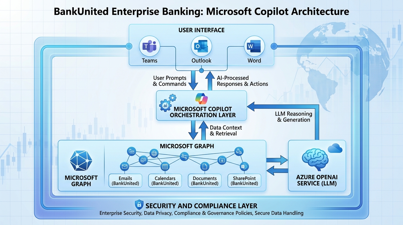 Clean technical architecture diagram showing Microsoft 365 Copilot's enterprise security structure — the LLM brain at top connected downward through Microsoft's commercial data protection layer, through the Microsoft 365 permissions and compliance layer, into BankUnited's existing data environment including Exchange, SharePoint, Teams, and OneDrive — with audit logs flowing to the right