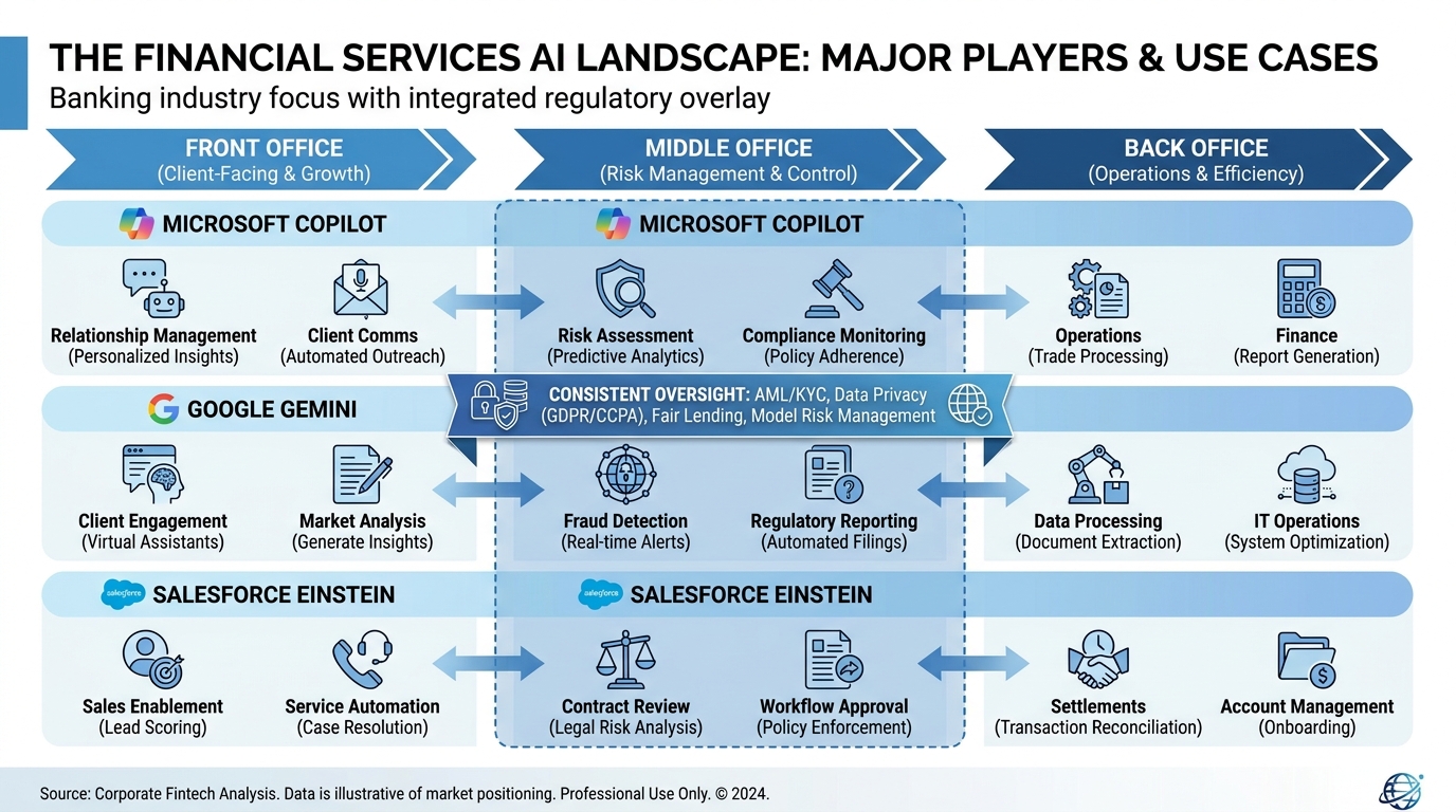 Visual landscape of AI adoption in financial services in 2026 — showing a tiered diagram of banks from early adopters at the top (JPMorgan, Goldman, Morgan Stanley) through mid-adopters to late movers — with BankUnited positioned in the strategic early-majority tier with arrows showing the opportunity ahead