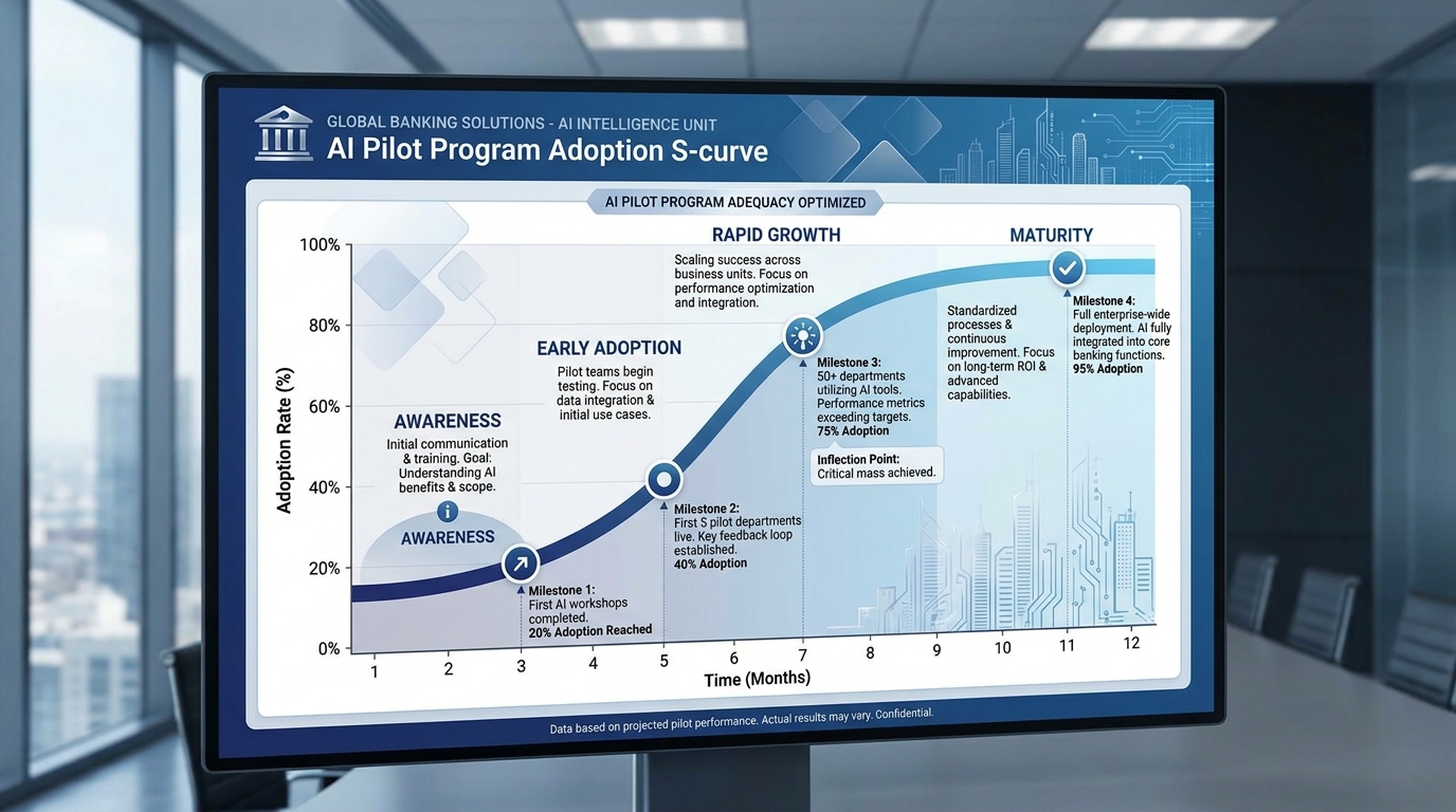 Graph showing the typical AI pilot-to-enterprise curve — initial excitement and results in the pilot phase, followed by a "valley of death" where governance review, IT backlogs, and fading momentum combine, then either a recovery to enterprise scale or a flatline where the pilot is quietly abandoned