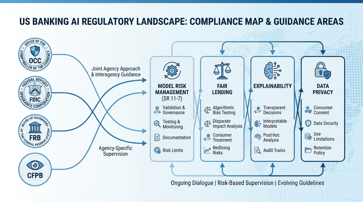 Clean infographic showing the four federal banking regulators — OCC, Federal Reserve, FDIC, and CFPB — and their primary AI guidance themes, with Microsoft Copilot's enterprise architecture mapped to each compliance requirement