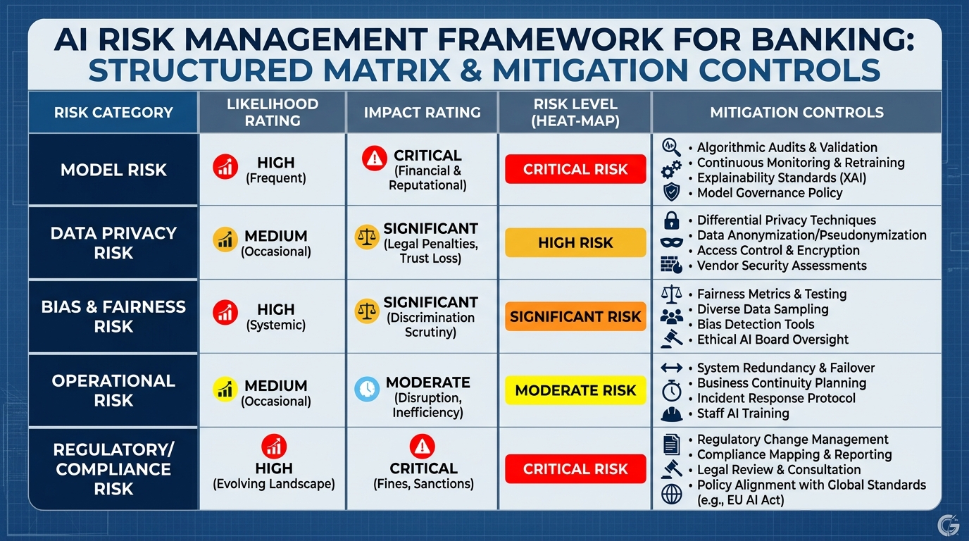 Clean four-quadrant risk framework diagram for banking AI — showing Data Leakage Risk, Hallucination Risk, Bias Risk, and Model Drift Risk — each quadrant with a risk description, specific banking examples, and the Copilot control that mitigates it