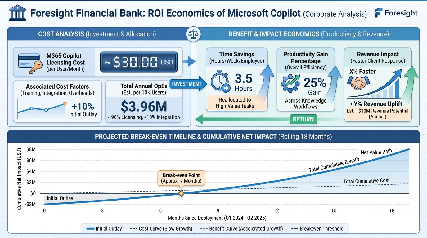 Clean financial infographic showing the economics of banking AI adoption — three panels: left showing time-savings ROI for knowledge workers (PwC 47% model), center showing revenue impact of AI-augmented relationship management, right showing cost-of-inaction analysis — each with specific banking numbers