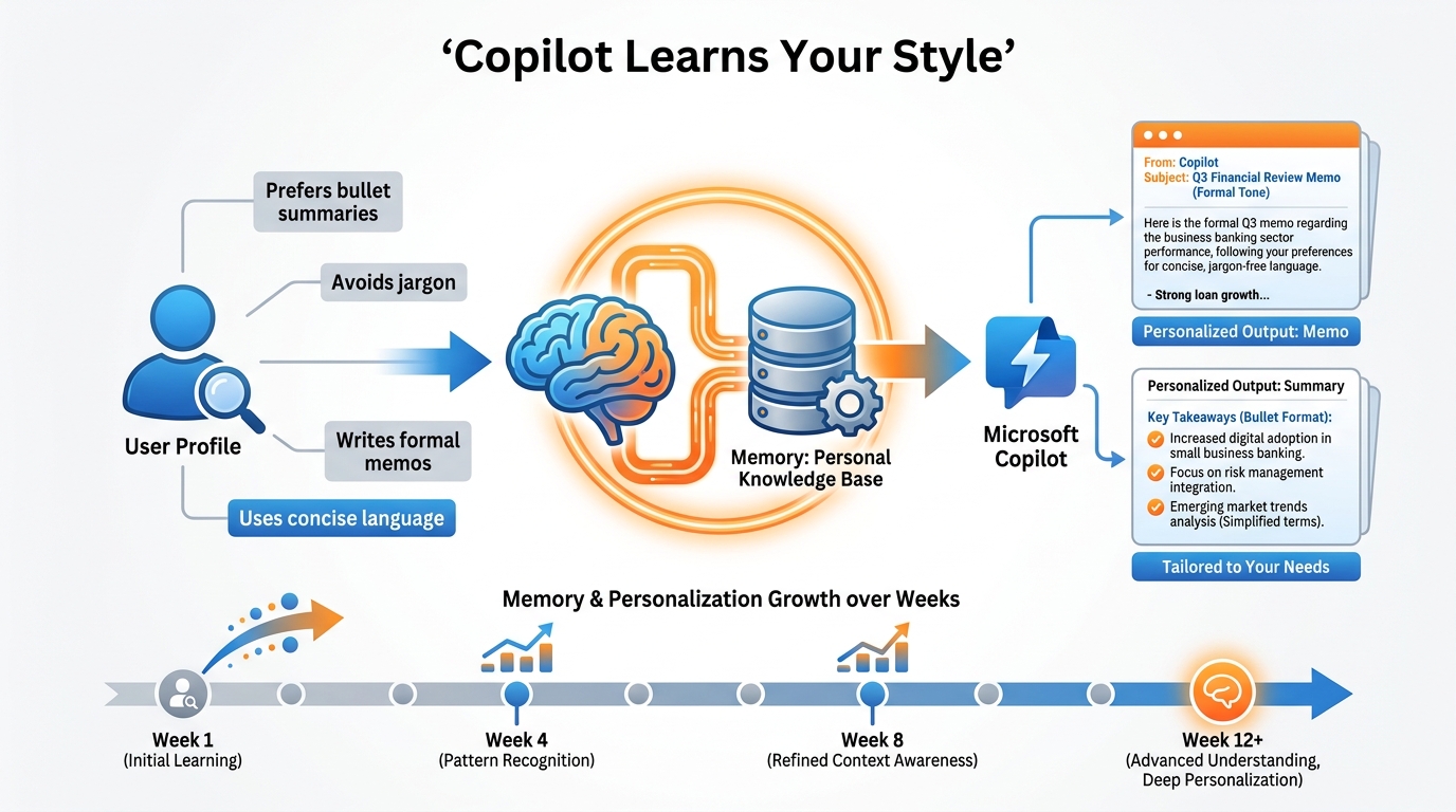 Illustration of the Microsoft 365 Copilot Prompt Gallery and Skilling Center — a curated library of ready-to-use prompts organized by job function and app, alongside a learning pathway for Copilot skills