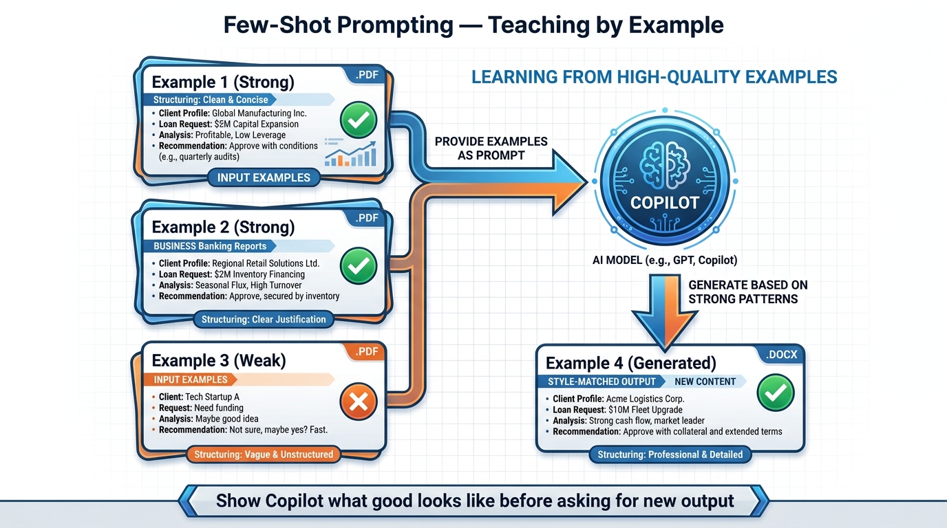 Illustration of few-shot prompting — three example documents labeled Strong, Strong, and Weak feed into Copilot, which then generates a fourth document matching the pattern of the strong examples