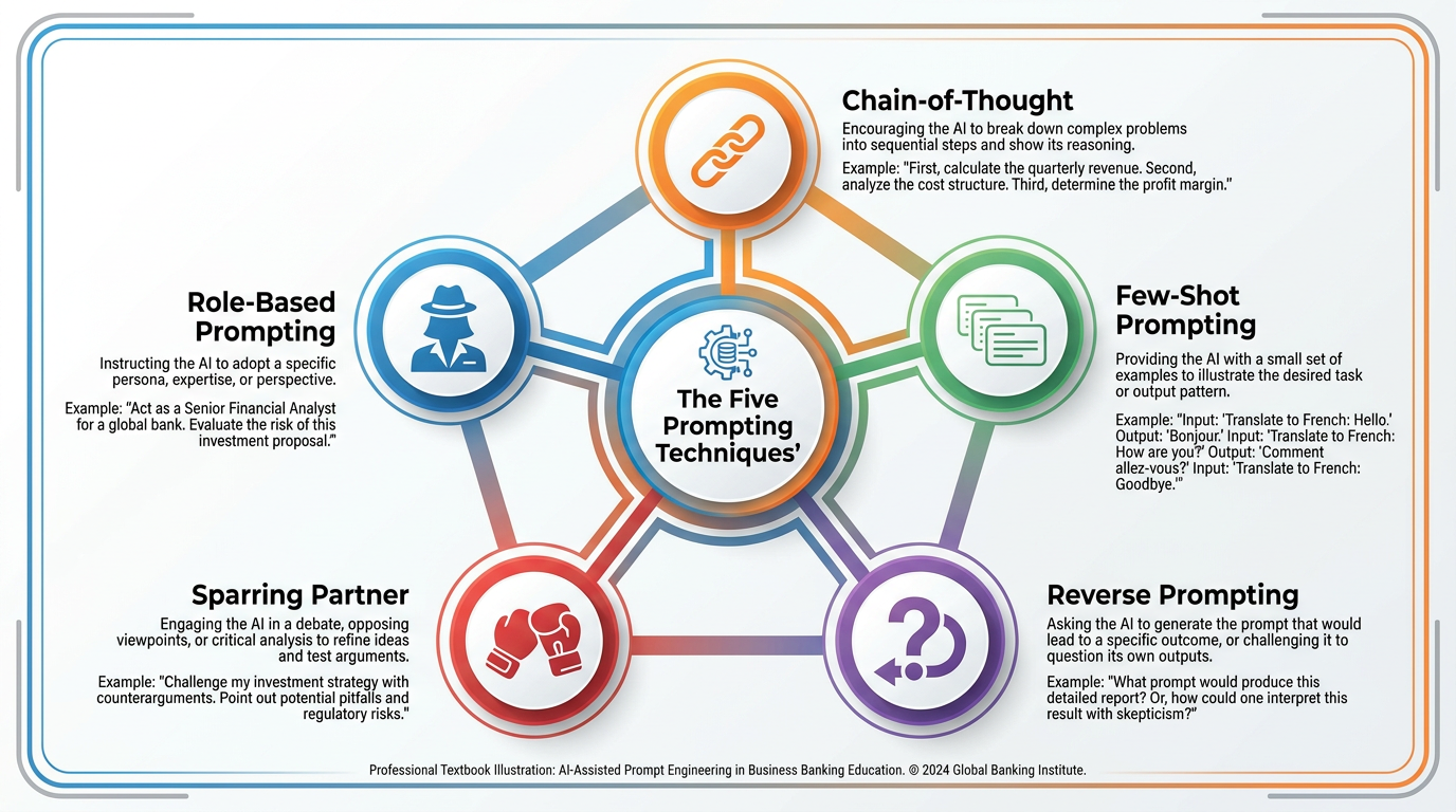 Radial infographic showing the five prompting techniques — Role-Based Prompting, Chain-of-Thought, Few-Shot, Reverse Prompting, and Sparring Partner — arranged around a central Copilot logo