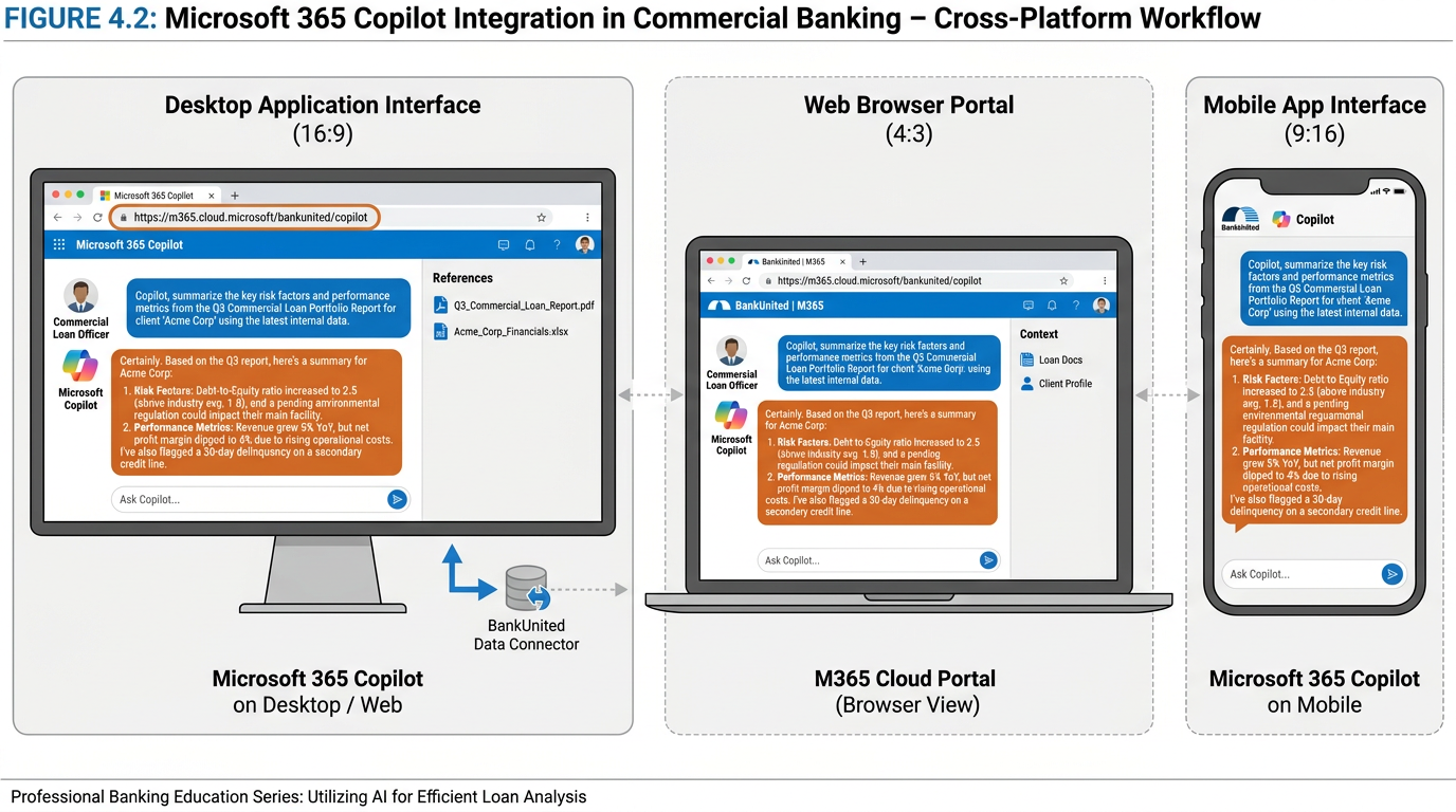 Microsoft 365 Copilot interface shown on desktop, web browser, and mobile side by side — a banking professional's chat session with Copilot visible on each screen, demonstrating cross-device access