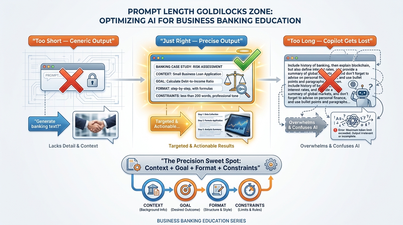 Three-part infographic showing the Goldilocks Zone for prompt length — Too Short produces generic output, Too Long loses the model in detail, Just Right with Context plus Goal plus Format plus Constraints produces precise professional results