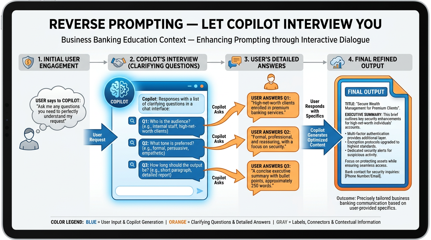 Illustration of Reverse Prompting — user asks Copilot to interview them with clarifying questions, Copilot responds with a structured list of questions, user answers, and Copilot generates precise output