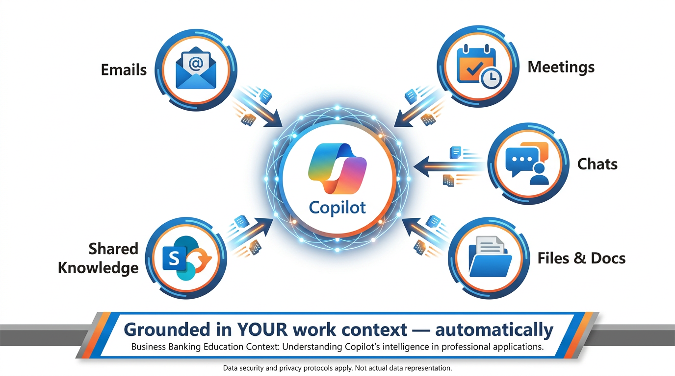 Infographic showing Microsoft Graph as the intelligence layer connecting Copilot to organizational data — email, meetings, chats, files, and shared knowledge all flowing into Copilot, grounded in user permissions