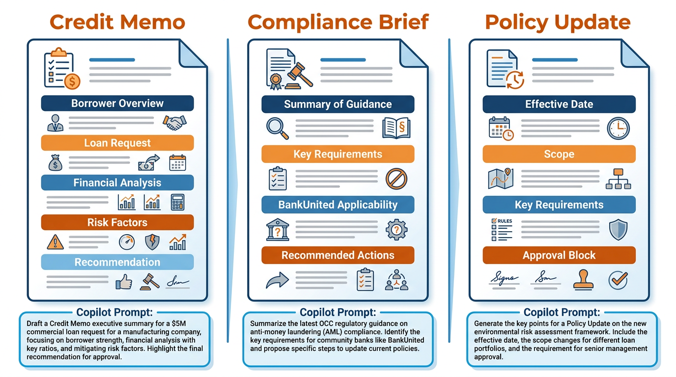 Three-column infographic showing real BankUnited document types that Copilot drafts — left column labeled 'Credit Memo' showing a structured document outline with sections Borrower Overview, Loan Request, Financial Analysis, Risk Factors, Recommendation — center column labeled 'Compliance Brief' showing regulatory citation structure with Summary, Requirements, BankUnited Applicability, Recommended Actions — right column labeled 'Policy Update' showing a policy document with Effective Date, Scope, Key Requirements, Approval block — each column has a sample Copilot prompt shown in a blue prompt box beneath the document illustration, wide landscape professional infographic style