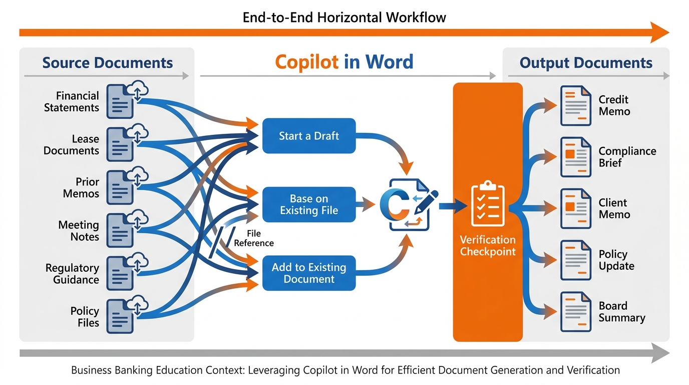 End-to-end horizontal workflow diagram for Copilot in Word at BankUnited — left section shows input sources with SharePoint and OneDrive file icons labeled with document types (financial statements, leases, prior memos, meeting notes, regulatory guidance) — center section shows three Copilot capability labels (Start a Draft / Base on Existing File / Add to Existing Document) with slash-reference arrows from the input sources — right section shows output document types (credit memo, compliance brief, client memo, policy update, board summary) — a verification checkpoint gate sits between Copilot output and the final documents — BankUnited blue and orange professional wide-format infographic