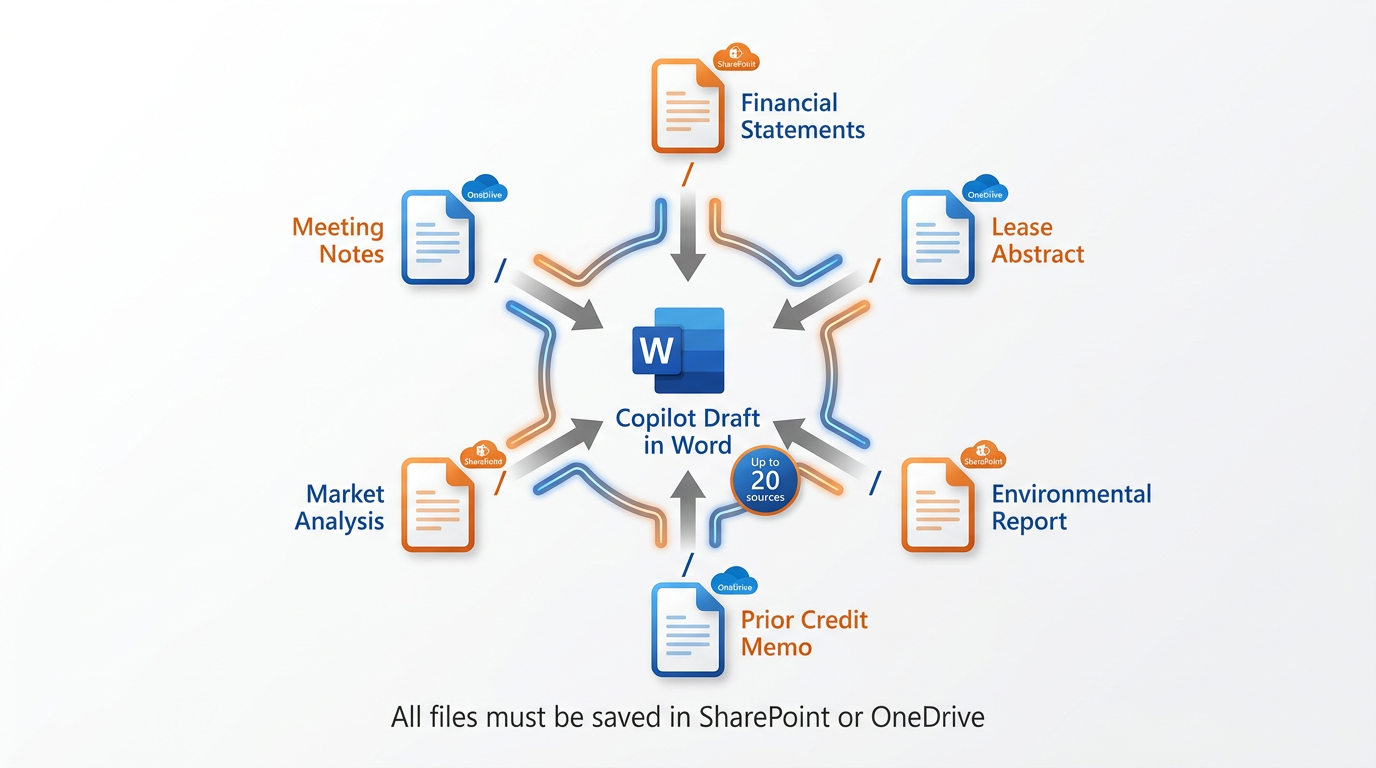 Hub-and-spoke diagram with a central Copilot Word document in the middle, surrounded by up to six source file icons connected by arrows — each source labeled with a banking document type: Financial Statements (SharePoint), Lease Abstract (OneDrive), Environmental Report (SharePoint), Prior Credit Memo (OneDrive), Market Analysis (SharePoint), Meeting Notes (OneDrive) — all flowing into the central document with a slash-reference symbol on each arrow, professional BankUnited blue and orange infographic style
