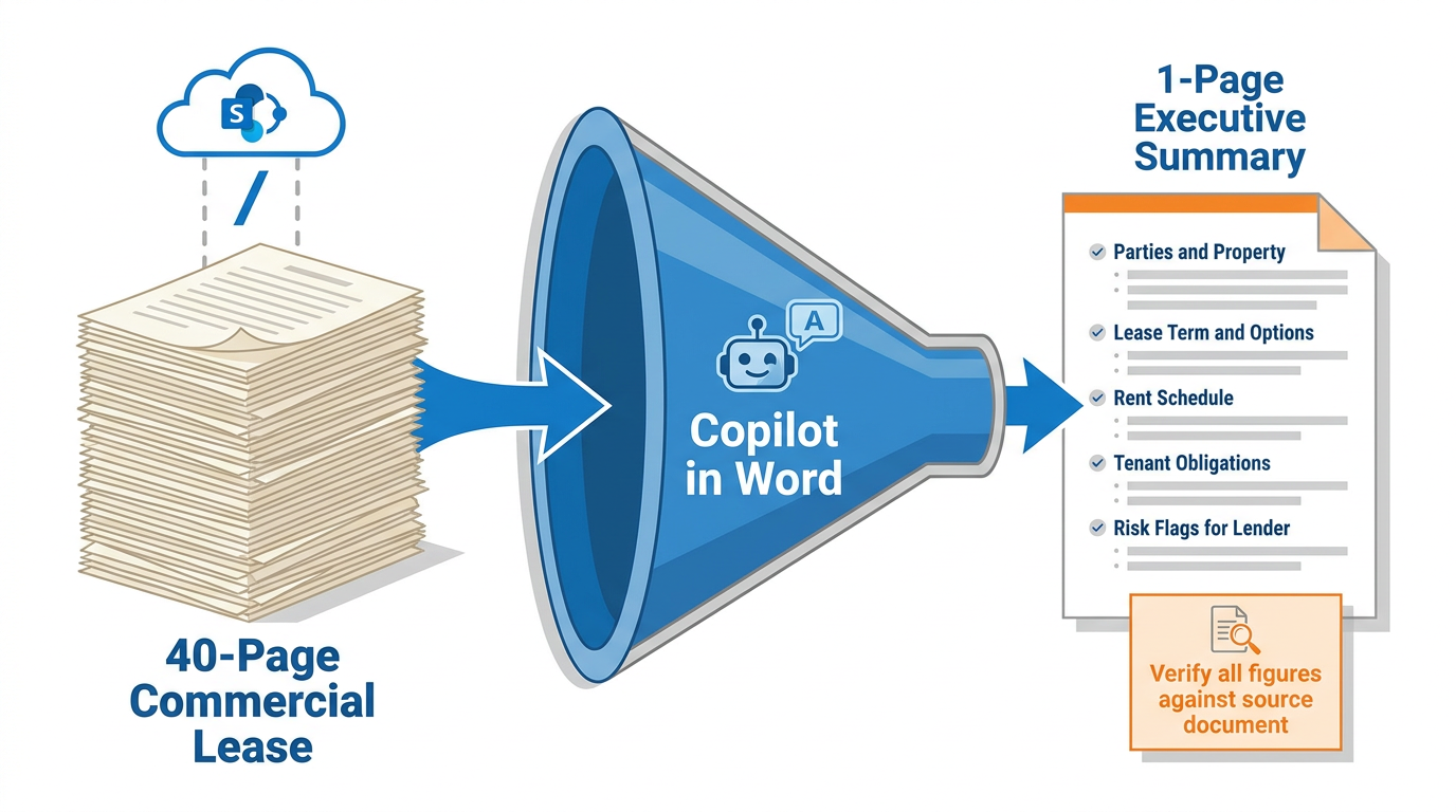 Visual flow diagram showing a thick stack of paper on the left labeled '40-Page Commercial Lease' with a slash-reference icon indicating it is saved in SharePoint, connecting via an arrow through a Copilot funnel icon in the center to a single clean page on the right labeled '1-Page Executive Summary' — the output page shows labeled sections: Parties and Property, Lease Term, Rent Schedule, Tenant Obligations, Risk Flags — professional BankUnited blue and orange color scheme, wide landscape infographic format