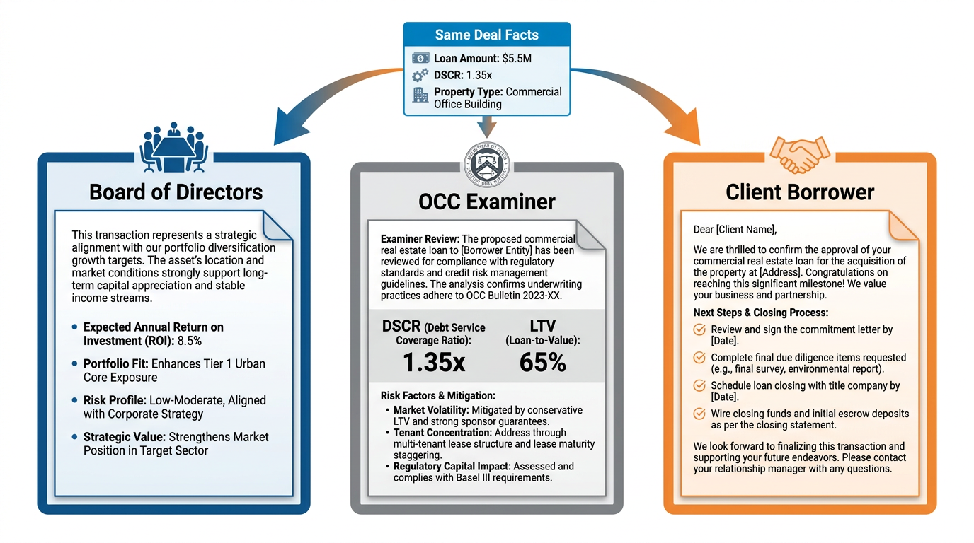 Three-column comparison infographic showing the same commercial real estate deal expressed for three distinct audiences — left column labeled 'Board of Directors' with strategic, portfolio-level language and an ROI focus; center column labeled 'OCC Examiner' with precise regulatory language, DSCR and LTV figures, risk documentation, and stress test references; right column labeled 'Client (Borrower)' with warm relationship-focused language, clear next steps, and a named contact — all three columns share the same underlying deal facts displayed at the top, connected by arrows down into their respective audience registers, BankUnited blue and orange professional style