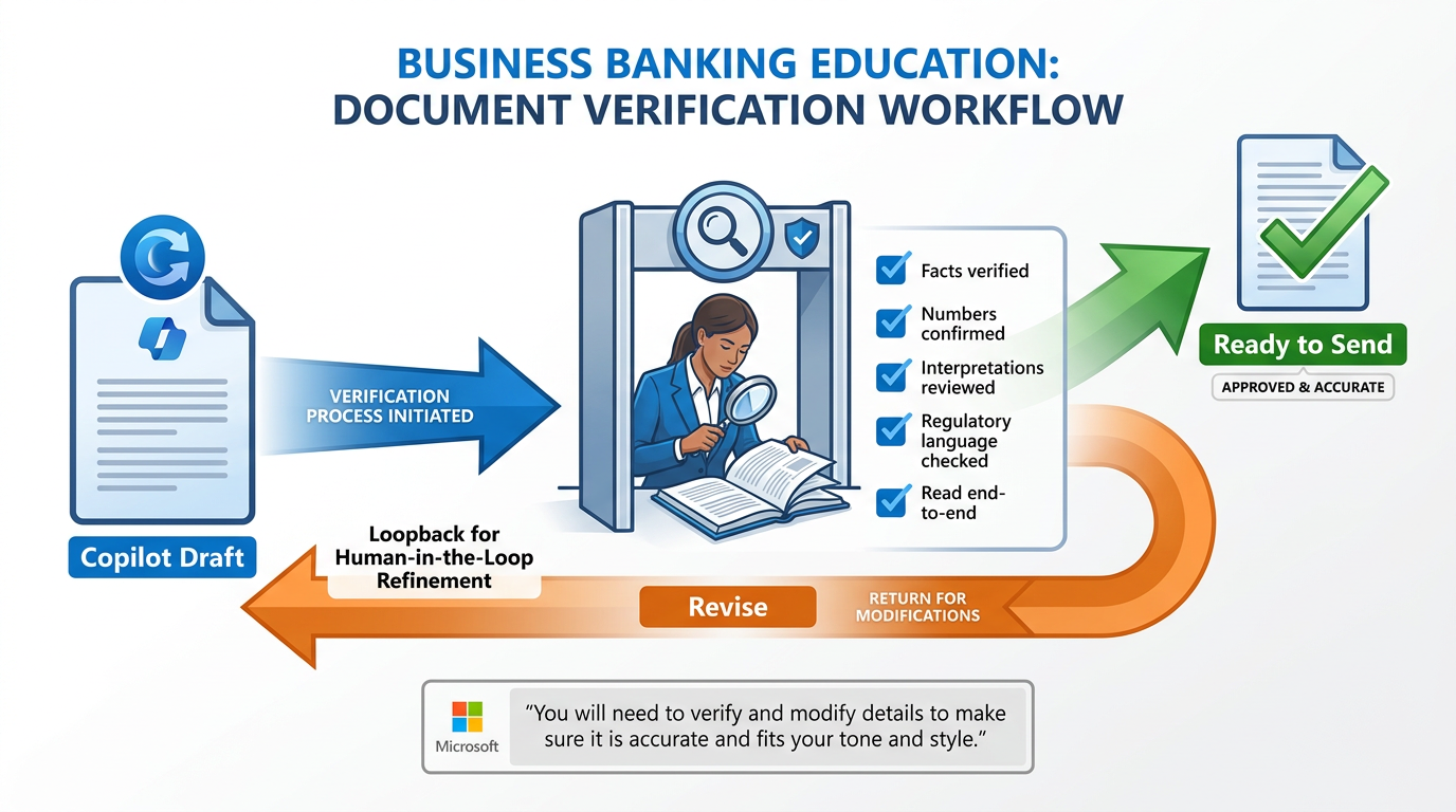 Professional process flow diagram showing a Copilot draft document entering a verification checkpoint gate in the center — the gate is represented as a human professional reviewing the document with a checklist — followed by two possible outcomes on the right: a green 'Ready to Send' path and a red 'Revise' loop back to the document — the checklist inside the gate shows five items: Facts verified against source, Numbers independently confirmed, Interpretations reviewed, Regulatory language validated, Document read end-to-end by the professional — BankUnited blue and orange professional infographic