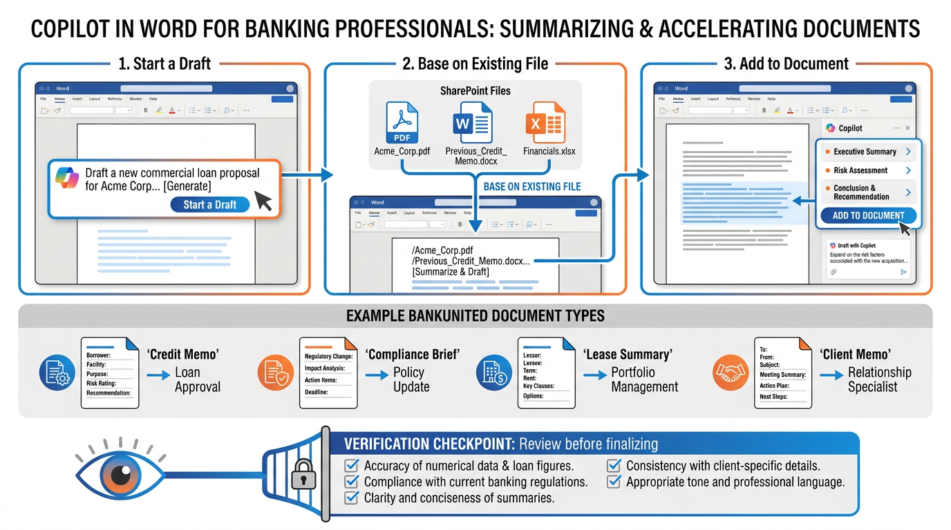 Illustrated explainer infographic summarizing Copilot in Word capabilities — three capability panels across the top showing Start a Draft, Base on Existing File, and Add Content to Document — flowing down into BankUnited document examples including credit memo, compliance brief, lease summary, and client memo — with the verification discipline shown as a final human checkpoint gate at the bottom before documents reach their audience