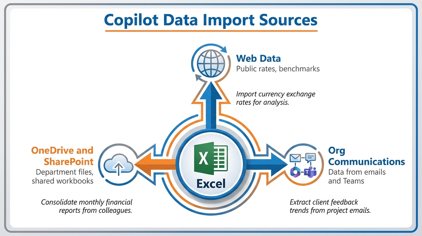 Infographic showing Copilot's data import assistance workflow — a hub-and-spoke diagram with Excel at center, and spokes pointing to three data sources: a web source icon labeled 'Web Data', a cloud icon labeled 'OneDrive/SharePoint Files', and an M365 icon labeled 'Org Communications (Teams, Email)' — each spoke labeled with an example banking use case