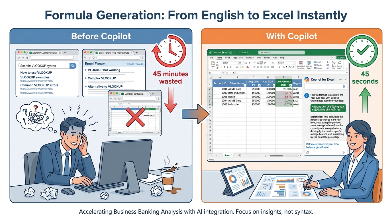 Two-panel infographic comparing the old and new formula workflows — left panel shows a frustrated professional with multiple browser tabs open searching for XLOOKUP syntax, right panel shows a clean Copilot pane with a natural language request and the correctly generated formula appearing instantly with a plain-English explanation below it. Blue and orange color scheme.
