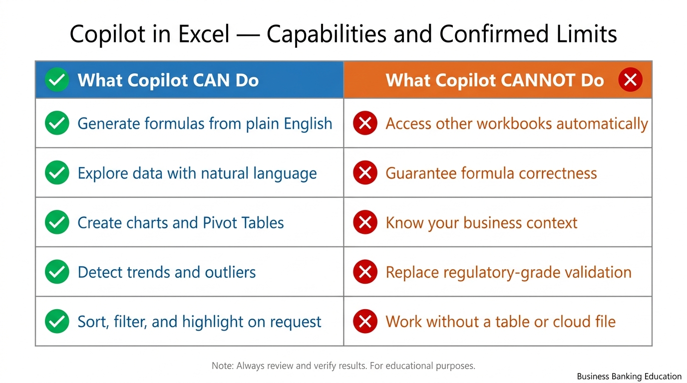 Clean infographic showing what Copilot in Excel cannot do — organized as two columns: left column shows tasks Copilot can do well with green checkmarks, right column shows confirmed limitations with red X marks. Examples include: cannot access data in other workbooks without import, cannot interpret business context it was not given, cannot guarantee formula correctness, cannot perform regulatory-grade analysis without human validation