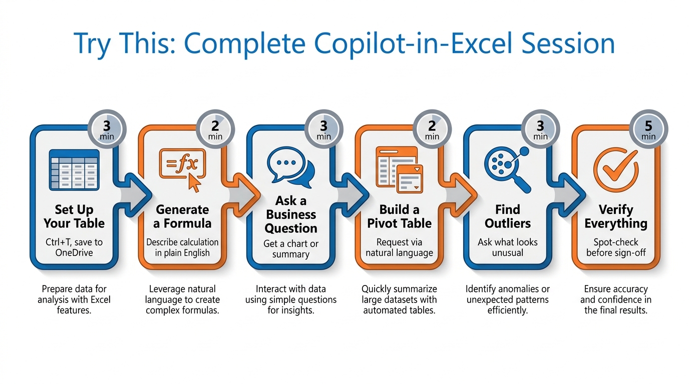 Step-by-step workflow diagram for the Try This exercise — six numbered steps in a left-to-right horizontal flow: Set up your table, Ask for a formula, Explore with a question, Request a chart, Ask for outliers, Verify everything — each step has a small illustration of the Excel interface at that stage and a 2–3 minute time estimate