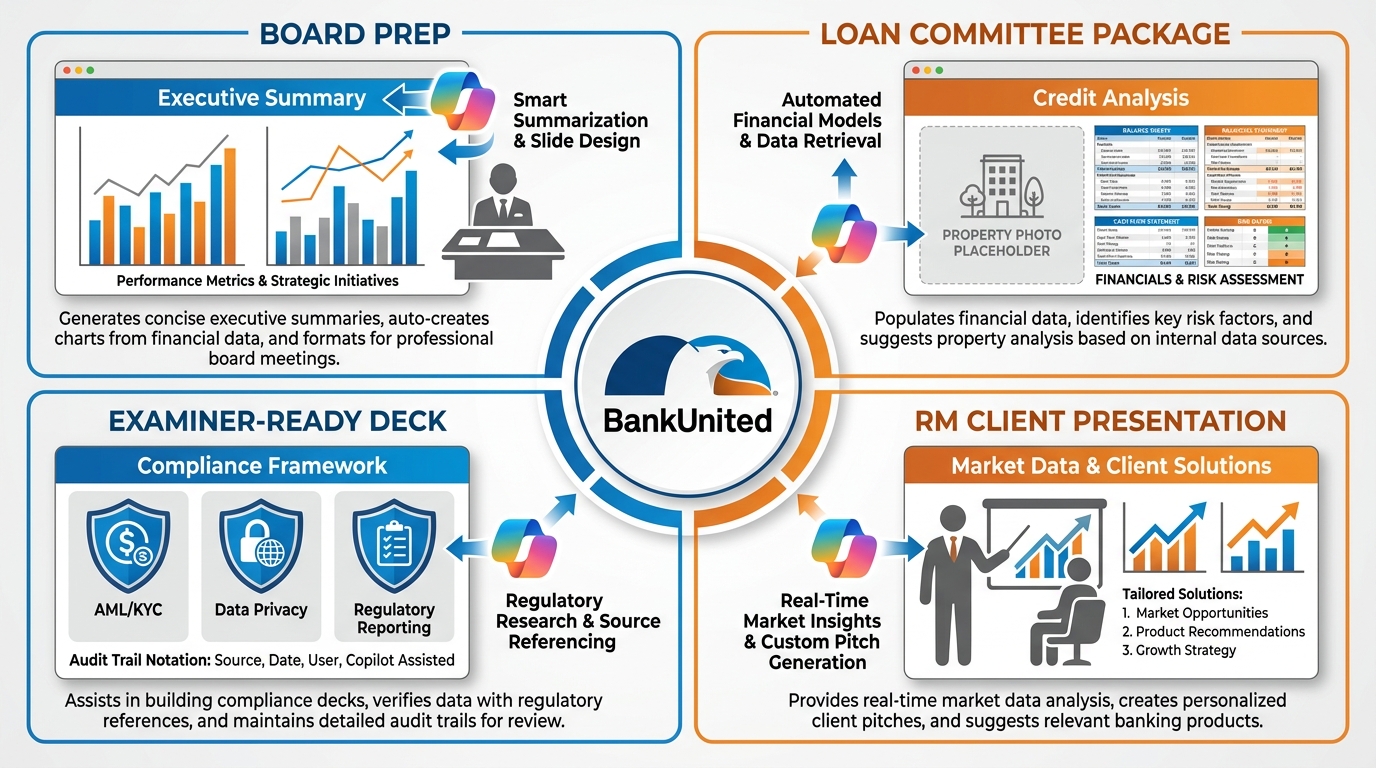 Four-quadrant matrix diagram showing BankUnited-specific Copilot in PowerPoint workflows — Board Prep in top-left, Loan Committee Package in top-right, Examiner-Ready Deck in bottom-left, RM Client Presentation in bottom-right — each quadrant with relevant slide examples and Copilot AI spark icon