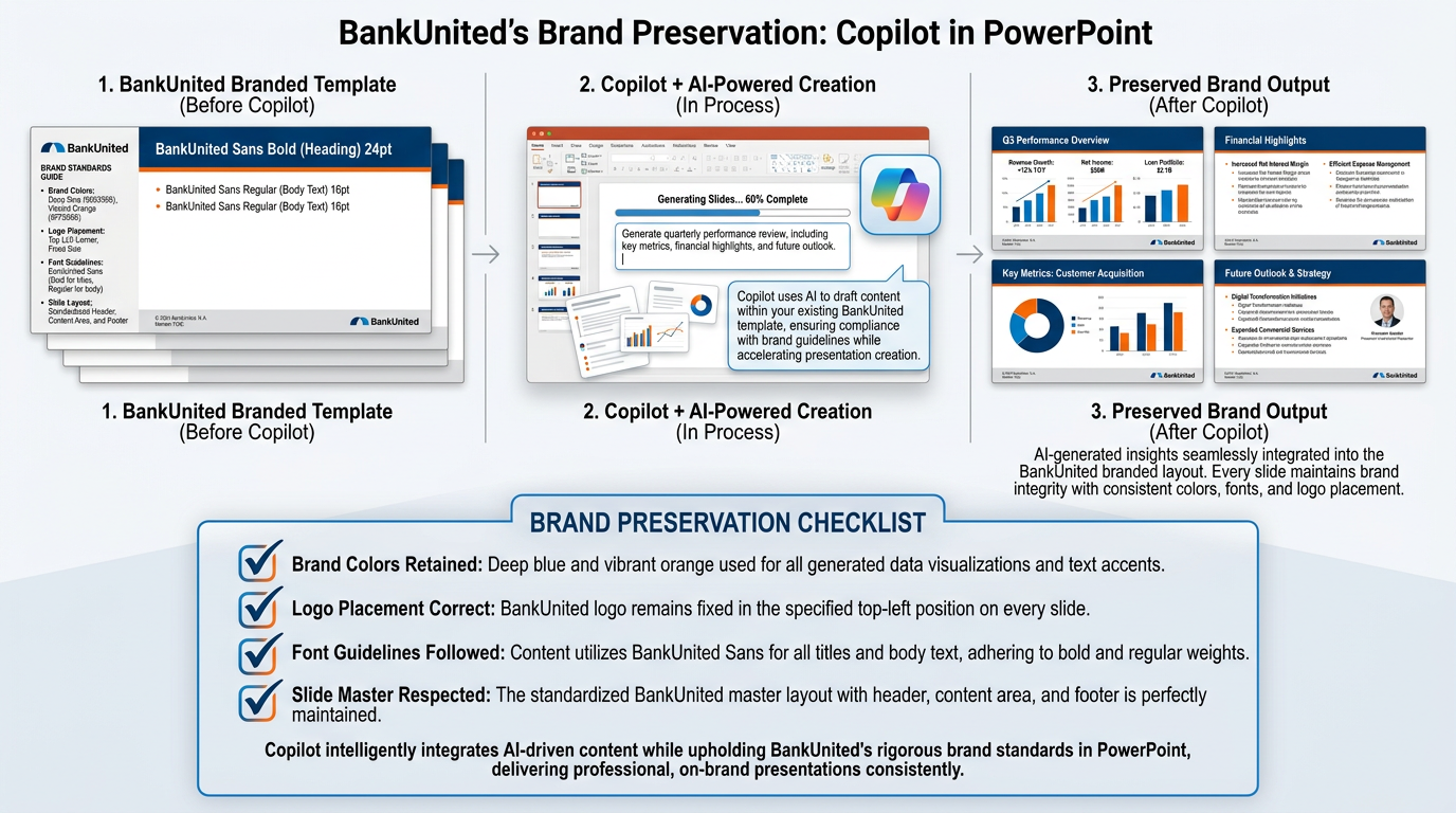 Infographic showing BankUnited brand template preservation through Copilot generation — blank branded template on left, Copilot generation in center, finished branded deck on right with checklist overlay showing Brand Colors Retained, Logo Placement Correct, Font Guidelines Followed, Slide Master Respected