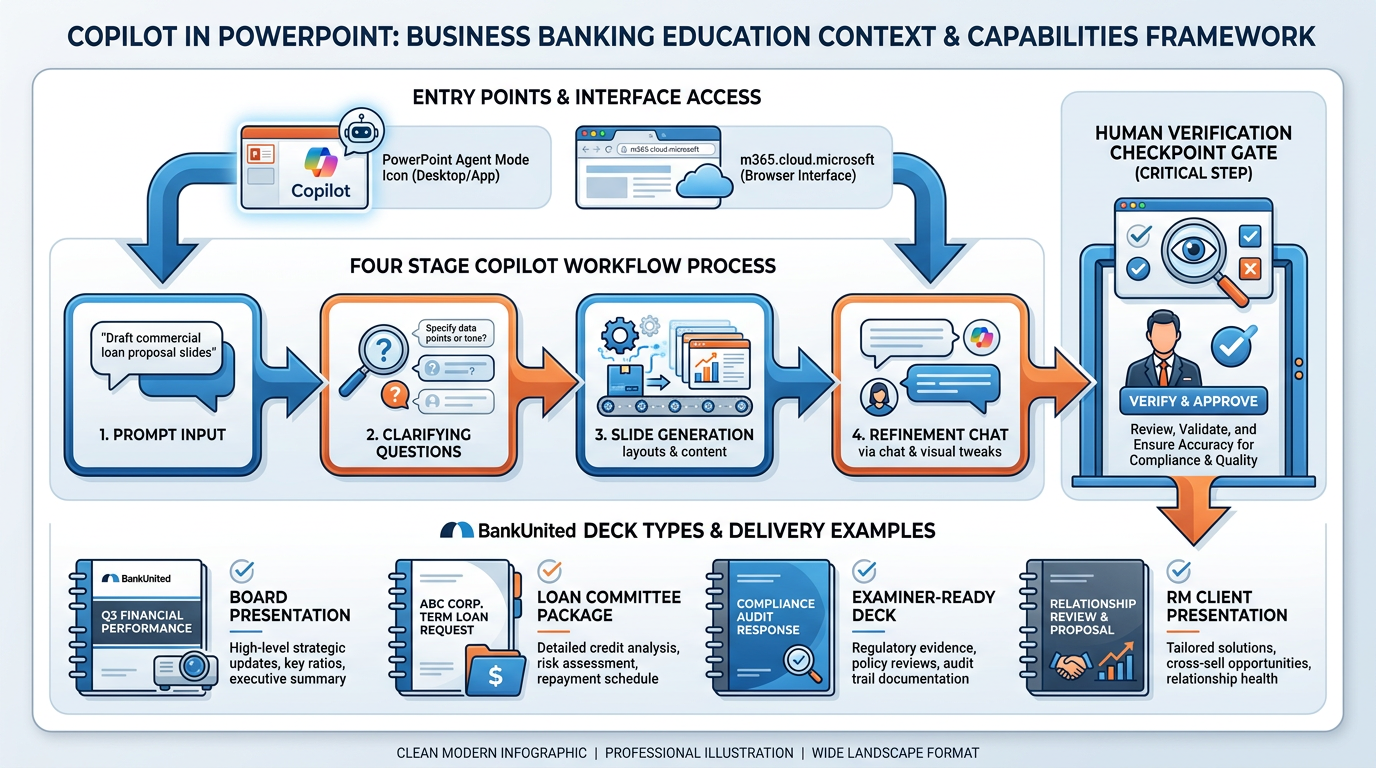 Illustrated explainer infographic summarizing Copilot in PowerPoint capabilities — two entry points at top (PowerPoint Agent Mode and m365.cloud.microsoft), four workflow stages in middle (Prompt, Clarifying Questions, Slide Generation, Refinement), four BankUnited deck types at bottom (Board Presentation, Loan Committee, Examiner Deck, RM Client Presentation), and a human verification checkpoint gate at the far right