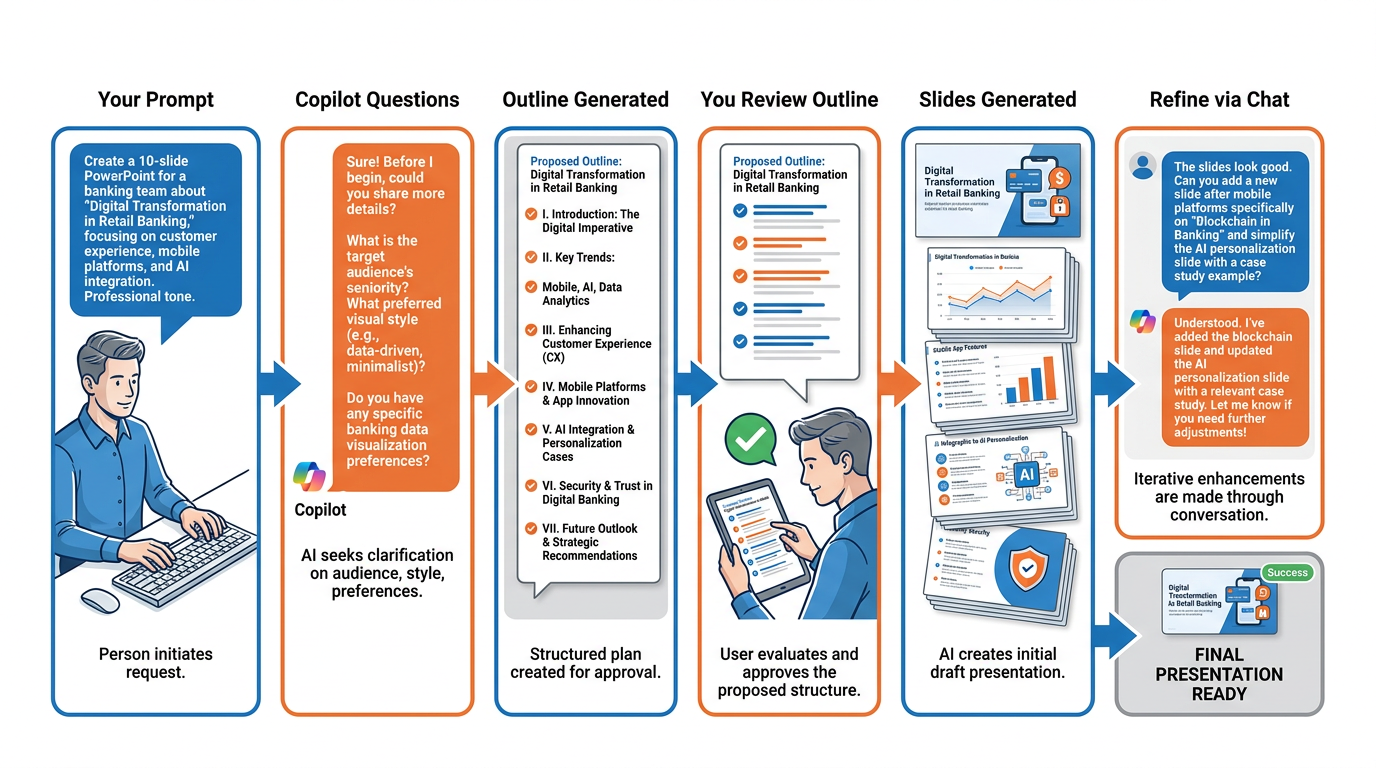 Horizontal flowchart showing six stages from prompt to finished deck — Your Prompt, Copilot Questions, Outline Generated, You Review Outline, Slides Generated, Refine via Chat