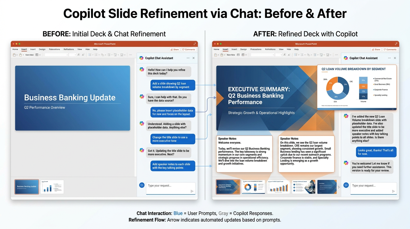 Side-by-side comparison showing PowerPoint slide deck before and after chat-based refinement — left shows initial generated deck, right shows refined deck with additional slides, improved titles, and visible speaker notes, with chat interface showing follow-up prompts