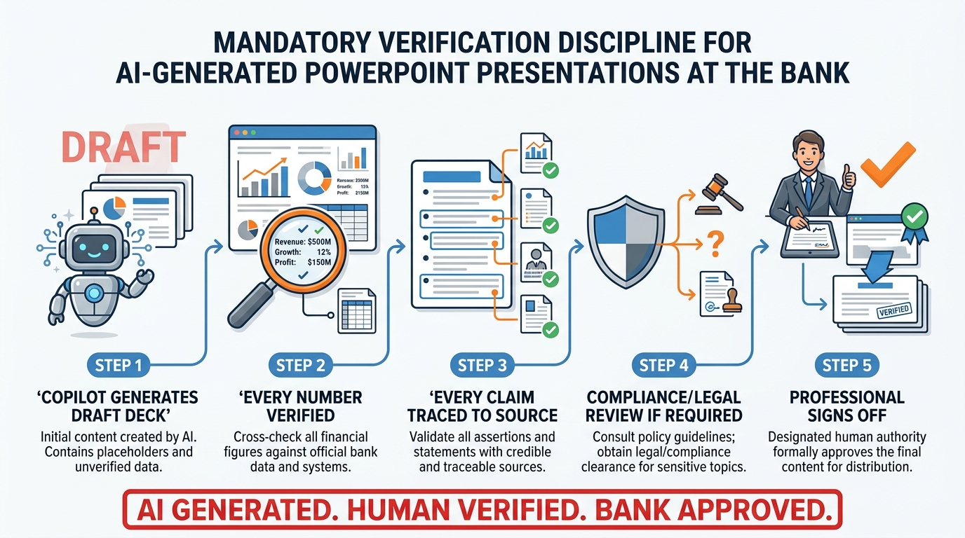 Infographic showing the five-step verification discipline for AI-generated PowerPoint presentations — Copilot Generates Draft Deck, Every Number Verified, Every Claim Traced to Source, Compliance Legal Review If Required, Professional Signs Off — with DRAFT watermark on initial slides removed after verification